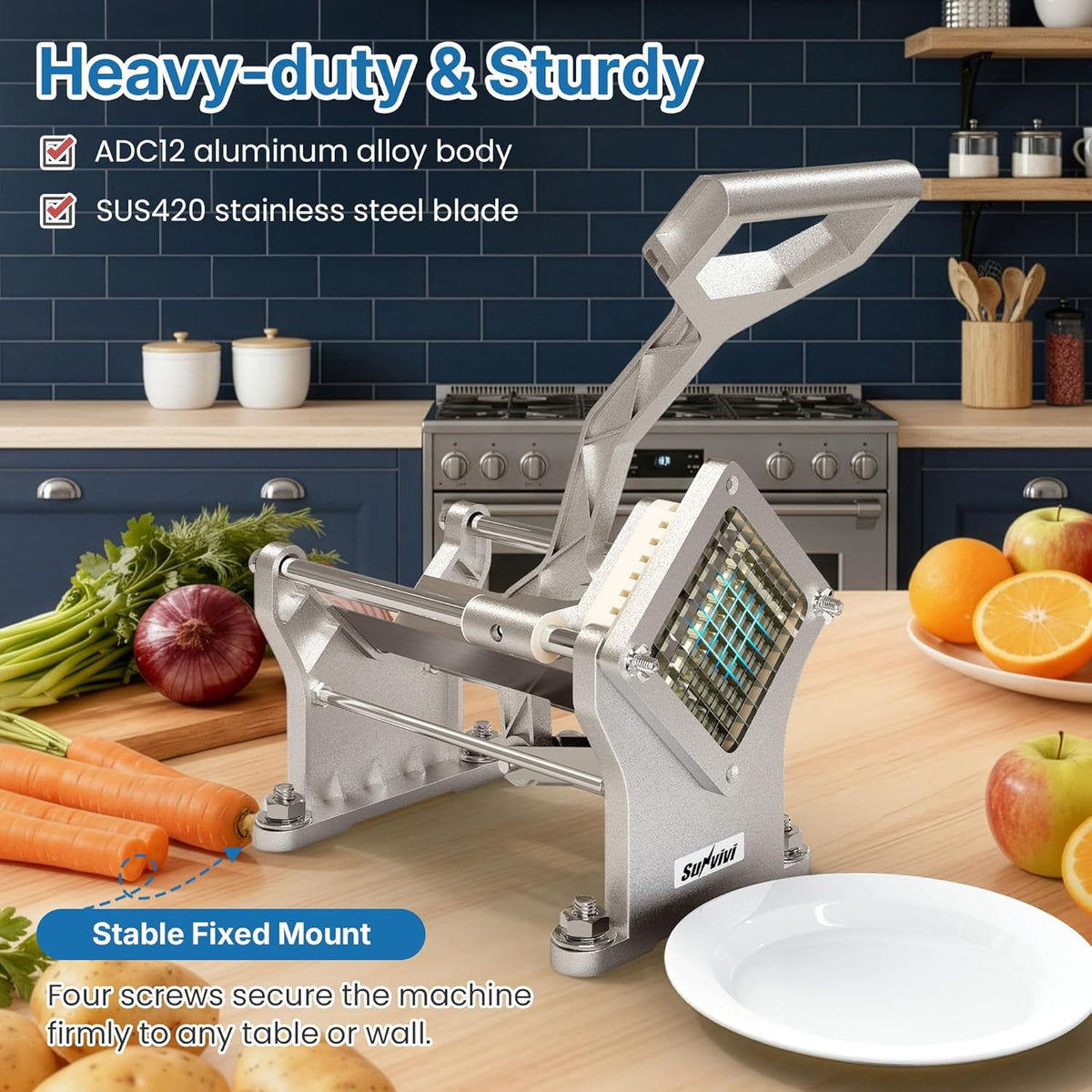 Commercial French Fry Cutter with 1/2 Inch & 3/8 Inch Blade, Heavy Duty Potato Slicer, Potatoes Cutter for Potatoes, Carrots, Cucumber, Onion, Yam, Stainless Steel
