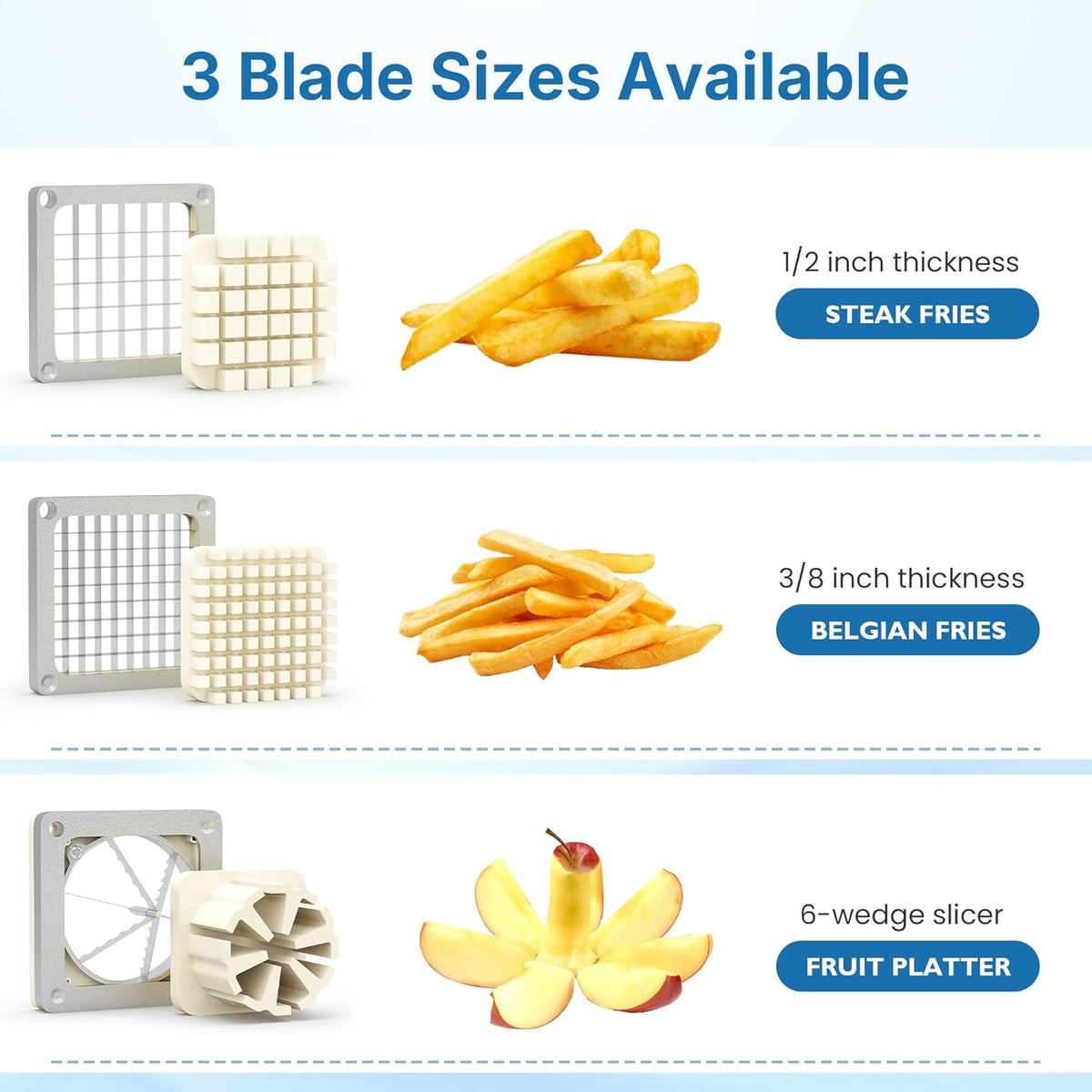 Commercial French Fry Cutter with 1/2 Inch & 3/8 Inch Blade, Heavy Duty Potato Slicer, Potatoes Cutter for Potatoes, Carrots, Cucumber, Onion, Yam, Stainless Steel