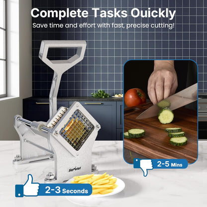 Commercial French Fry Cutter with 1/2 Inch & 3/8 Inch Blade, Heavy Duty Potato Slicer, Potatoes Cutter for Potatoes, Carrots, Cucumber, Onion, Yam, Stainless Steel