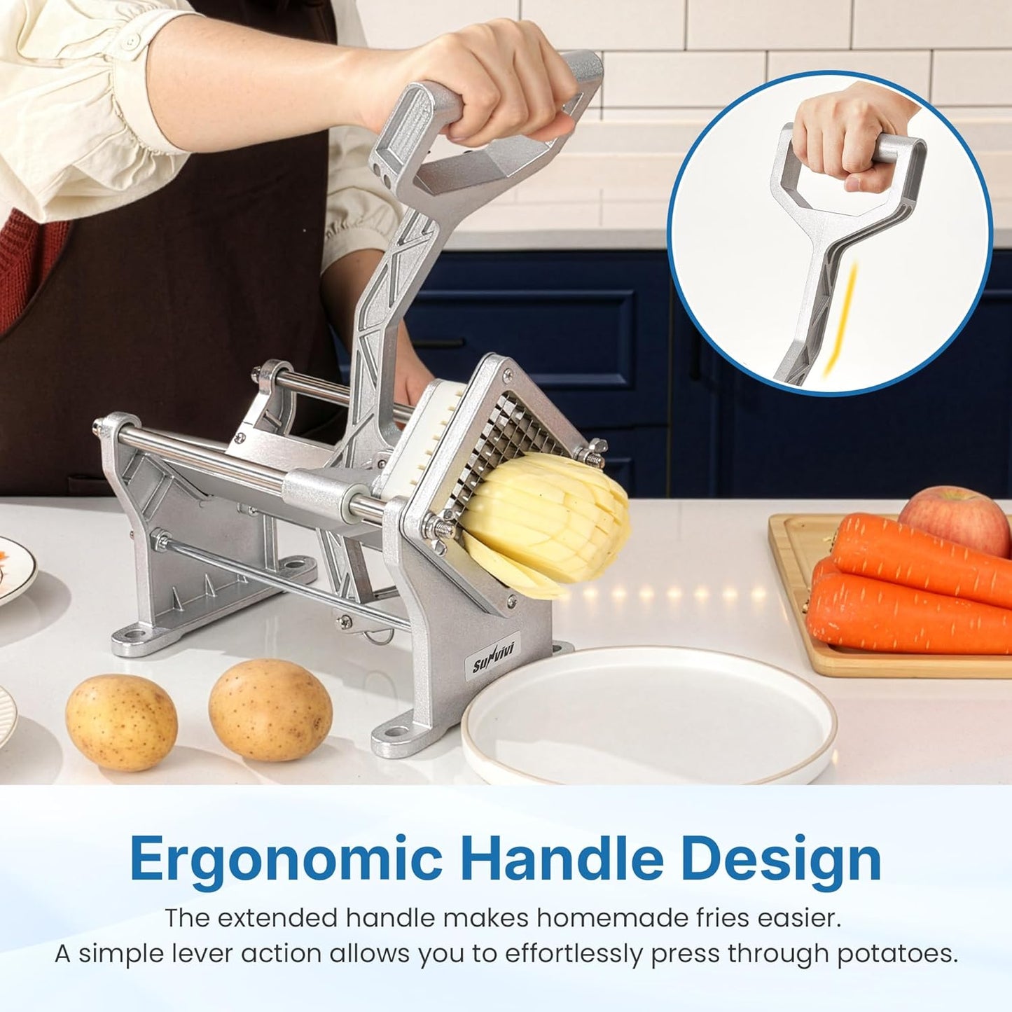 Commercial French Fry Cutter with 1/2 Inch & 3/8 Inch Blade, Heavy Duty Potato Slicer, Potatoes Cutter for Potatoes, Carrots, Cucumber, Onion, Yam, Stainless Steel