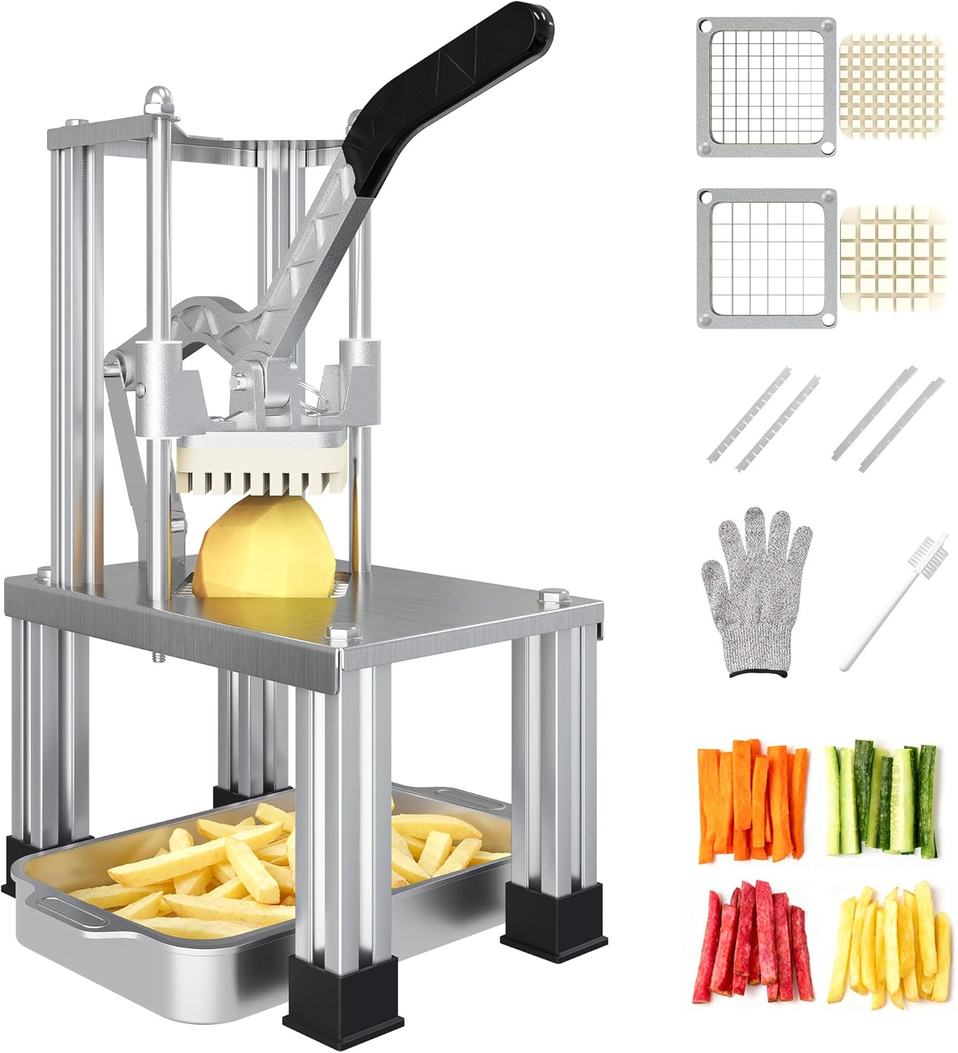 Commercial French Fry Cutter with 1/2 Inch & 3/8 Inch Blade, Heavy Duty Potato Slicer, Potatoes Cutter for Potatoes, Carrots, Cucumber, Onion, Yam, Stainless Steel