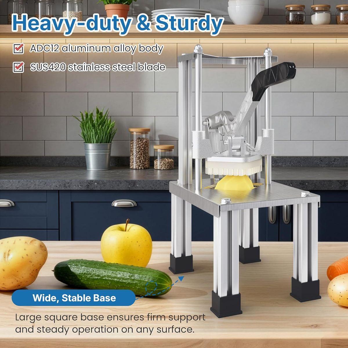 Commercial French Fry Cutter with 1/2 Inch & 3/8 Inch Blade, Heavy Duty Potato Slicer, Potatoes Cutter for Potatoes, Carrots, Cucumber, Onion, Yam, Stainless Steel