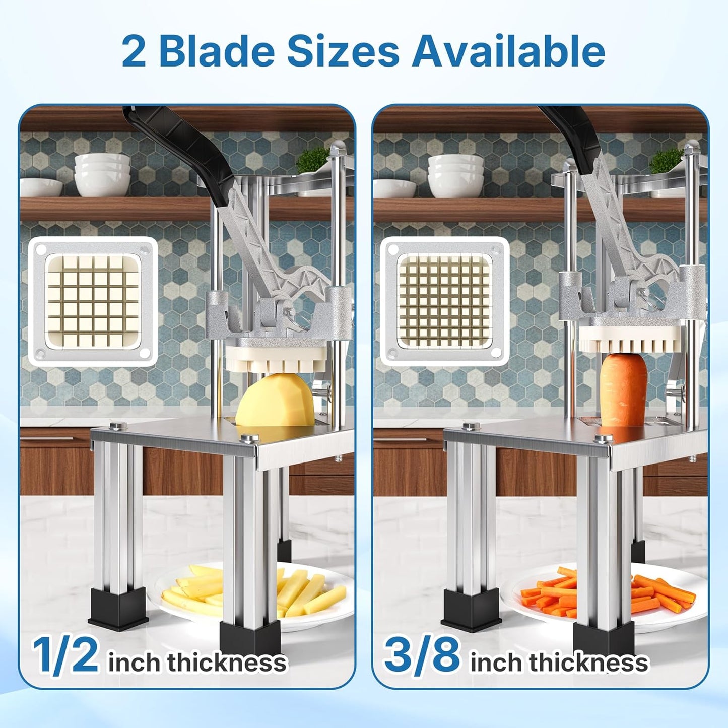Commercial French Fry Cutter with 1/2 Inch & 3/8 Inch Blade, Heavy Duty Potato Slicer, Potatoes Cutter for Potatoes, Carrots, Cucumber, Onion, Yam, Stainless Steel