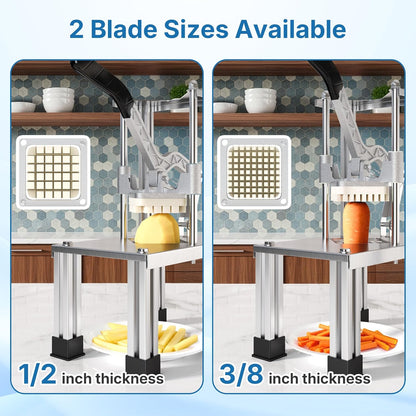 Commercial French Fry Cutter with 1/2 Inch & 3/8 Inch Blade, Heavy Duty Potato Slicer, Potatoes Cutter for Potatoes, Carrots, Cucumber, Onion, Yam, Stainless Steel
