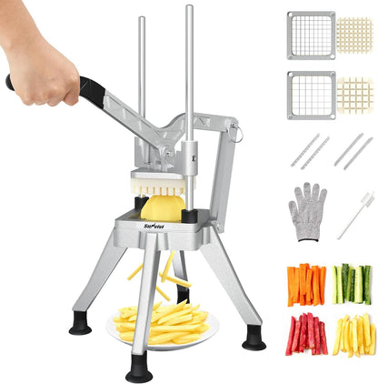 Commercial French Fry Cutter with 1/2 Inch & 3/8 Inch Blade, Heavy Duty Potato Slicer, Potatoes Cutter for Potatoes, Carrots, Cucumber, Onion, Yam, Stainless Steel