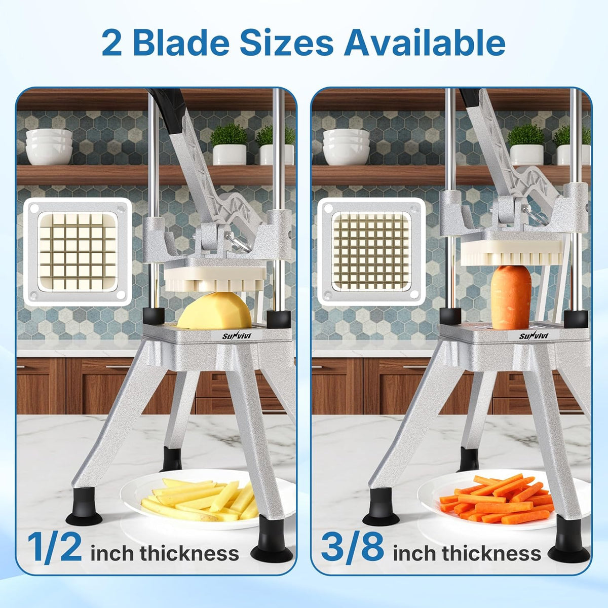 Commercial French Fry Cutter with 1/2 Inch & 3/8 Inch Blade, Heavy Duty Potato Slicer, Potatoes Cutter for Potatoes, Carrots, Cucumber, Onion, Yam, Stainless Steel
