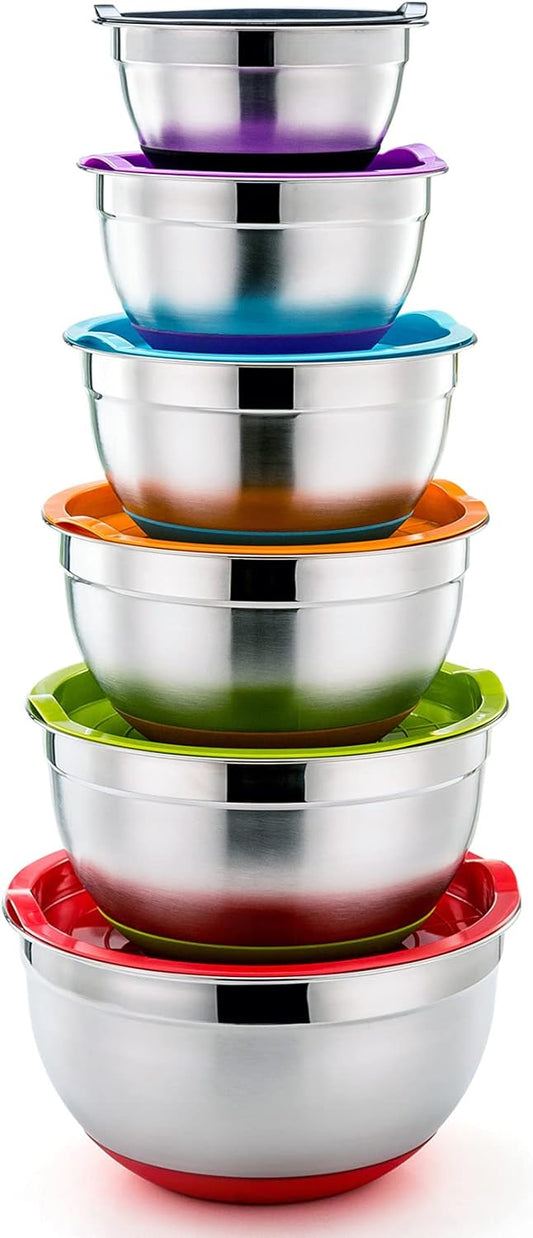 Stainless Steel Mixing Bowls With Lids, Set of 6, Multicolor | Salad Nesting Mixing Bowls & Fitting Lids & Non-Slip Silicone Bottom, Ideal for Mixing, Storing, Size 0.7/1/1.5/2.5/3/4.6 Qt