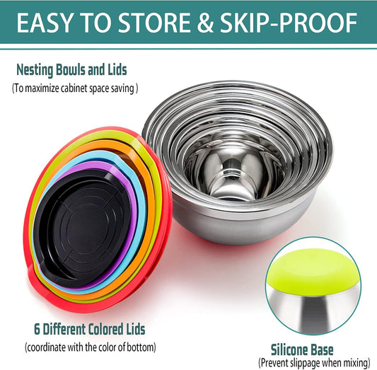 Stainless Steel Mixing Bowls With Lids, Set of 6, Multicolor | Salad Nesting Mixing Bowls & Fitting Lids & Non-Slip Silicone Bottom, Ideal for Mixing, Storing, Size 0.7/1/1.5/2.5/3/4.6 Qt