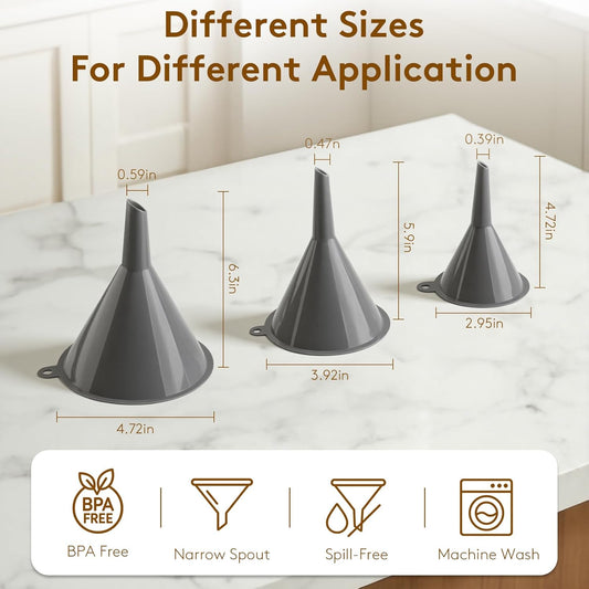 3Piece Plastic Kitchen Funnel Set, Multifunctional Funnels for Filling Bottles Canning Car Oil Funnels,Small Medium Large Round Food Funnel for Cooking, Lab, Automotive Use