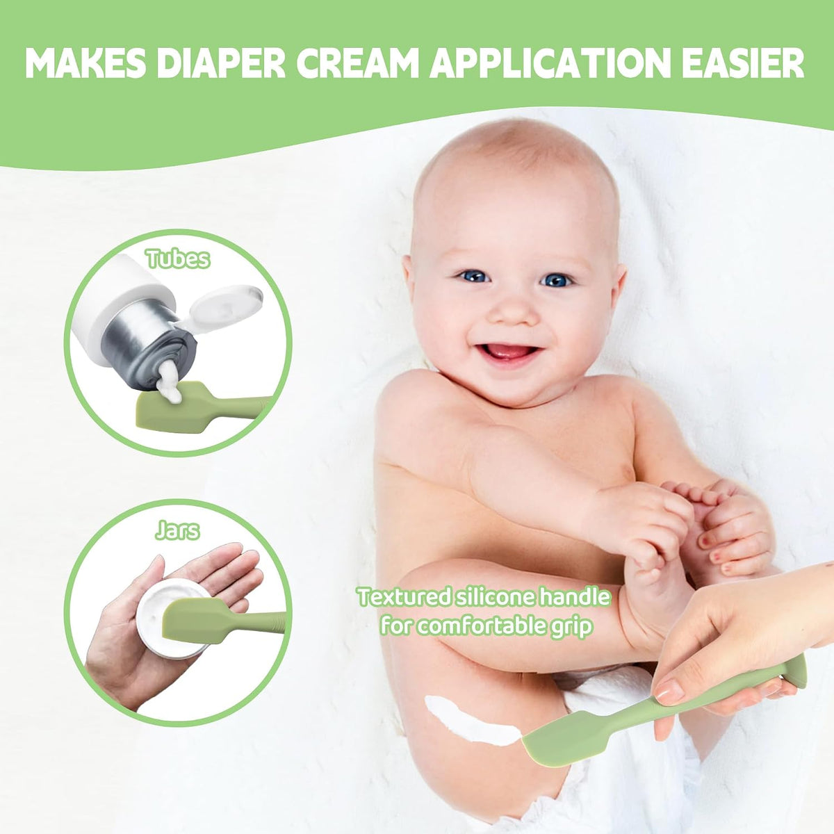 Baby Diaper Cream Spatula 3 Pack Diaper Spatulas Soft Silicone Diaper Cream Applicator Baby Butt Paste Spatula Brush with Suction Base,Full Size(Gray+Off-white+Green