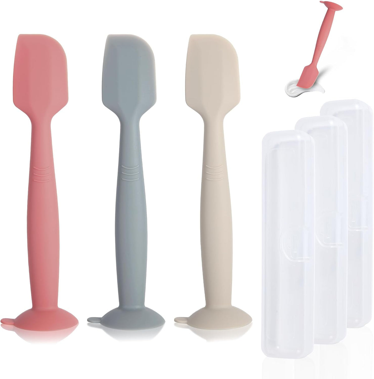 Baby Diaper Cream Spatula 3 Pack Diaper Spatulas Soft Silicone Diaper Cream Applicator Baby Butt Paste Spatula Brush with Suction Base,Full Size(Gray+Off-white+Green
