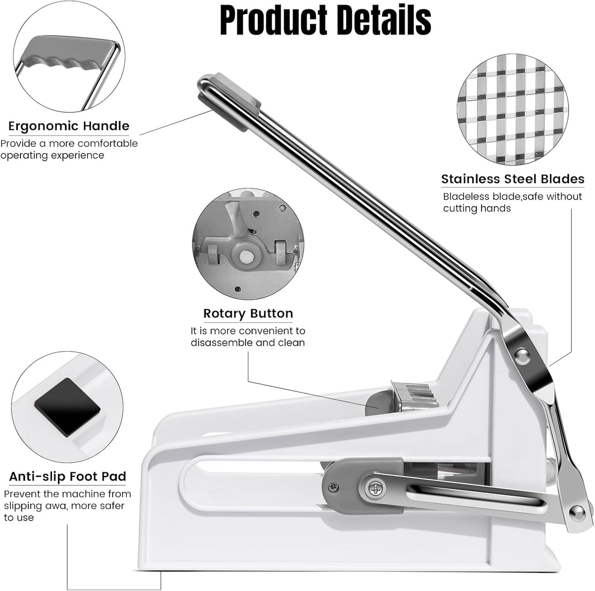 French Fry Cutter with 2 Stainless Steel Blades | Potato Cutter for Slicing Potatoes, Carrots, Cucumbers & Onions | Non-Slip Base, Durable Plastic Design | Grey & White Kitchen Gadget