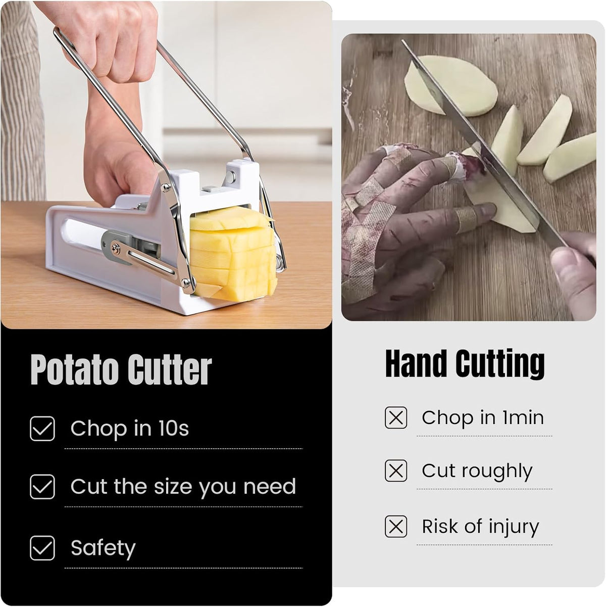 French Fry Cutter with 2 Stainless Steel Blades | Potato Cutter for Slicing Potatoes, Carrots, Cucumbers & Onions | Non-Slip Base, Durable Plastic Design | Grey & White Kitchen Gadget
