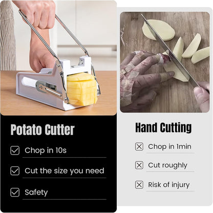 French Fry Cutter with 2 Stainless Steel Blades | Potato Cutter for Slicing Potatoes, Carrots, Cucumbers & Onions | Non-Slip Base, Durable Plastic Design | Grey & White Kitchen Gadget