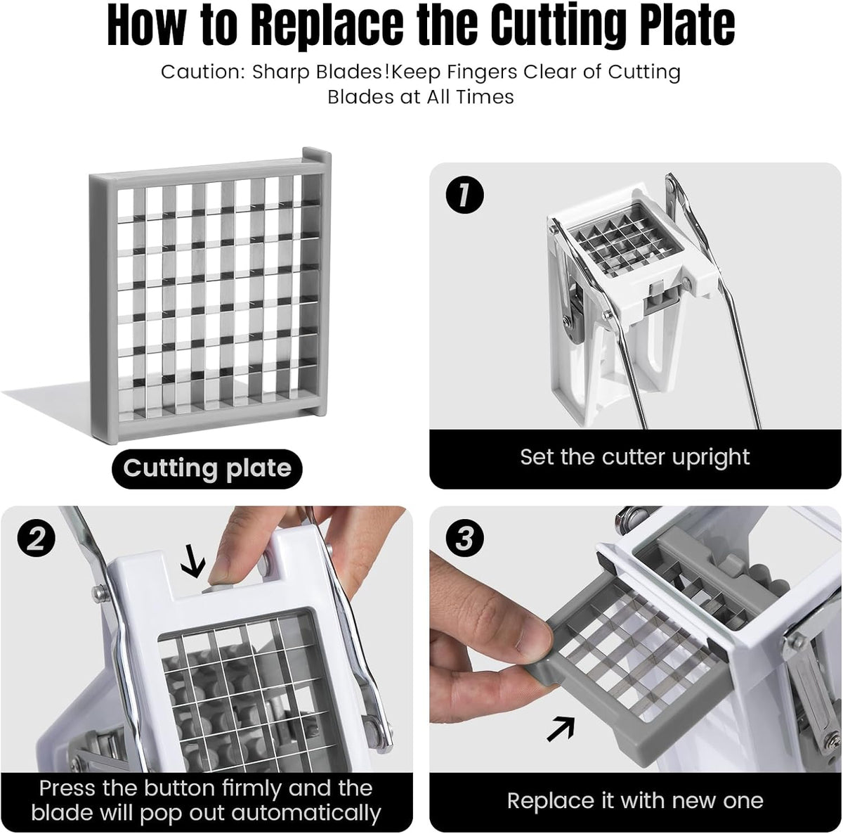 French Fry Cutter with 2 Stainless Steel Blades | Potato Cutter for Slicing Potatoes, Carrots, Cucumbers & Onions | Non-Slip Base, Durable Plastic Design | Grey & White Kitchen Gadget