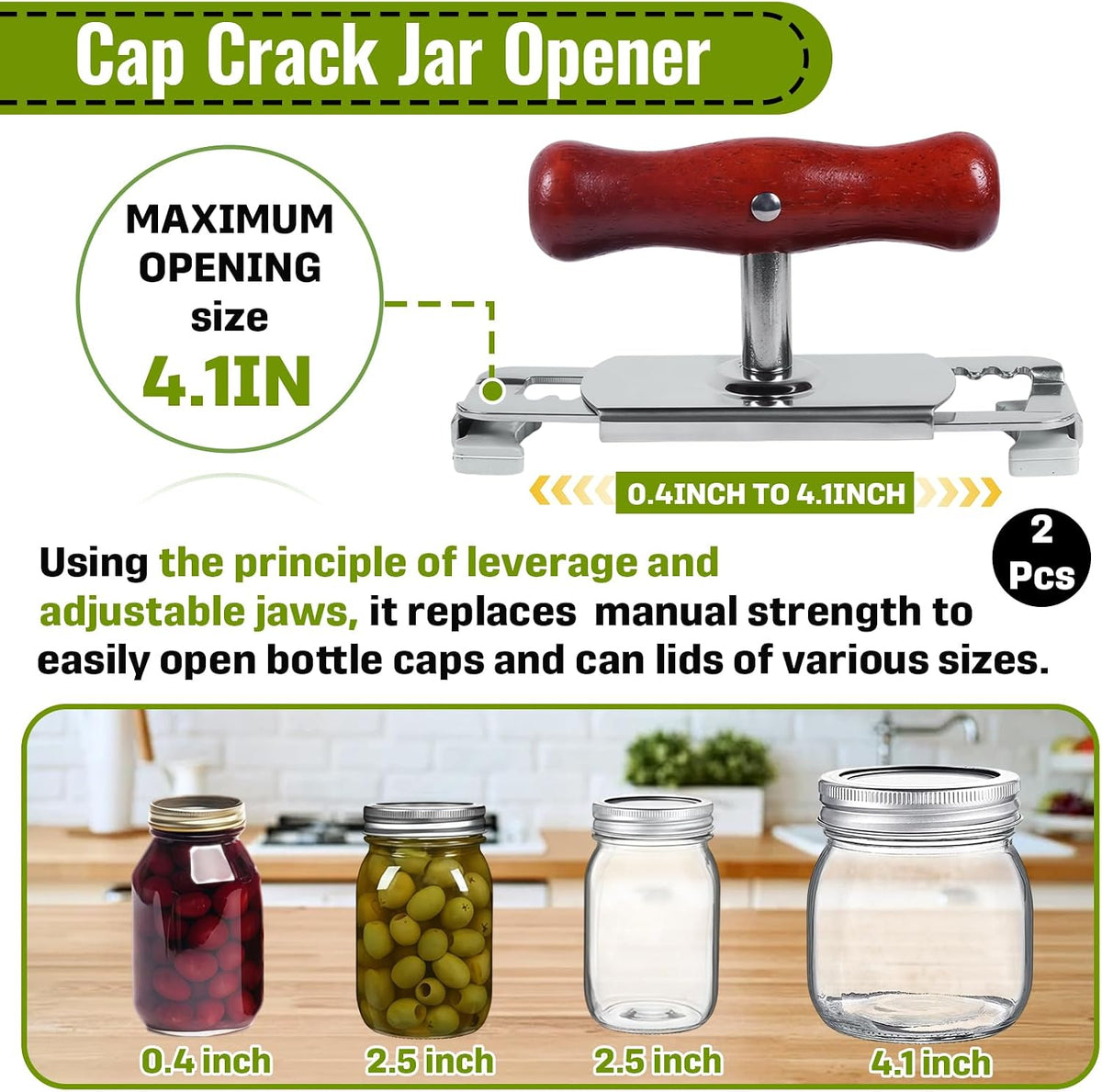 2-Pack Adjustable Jar Opener, Stainless Steel Lid Remover, Wood Handle