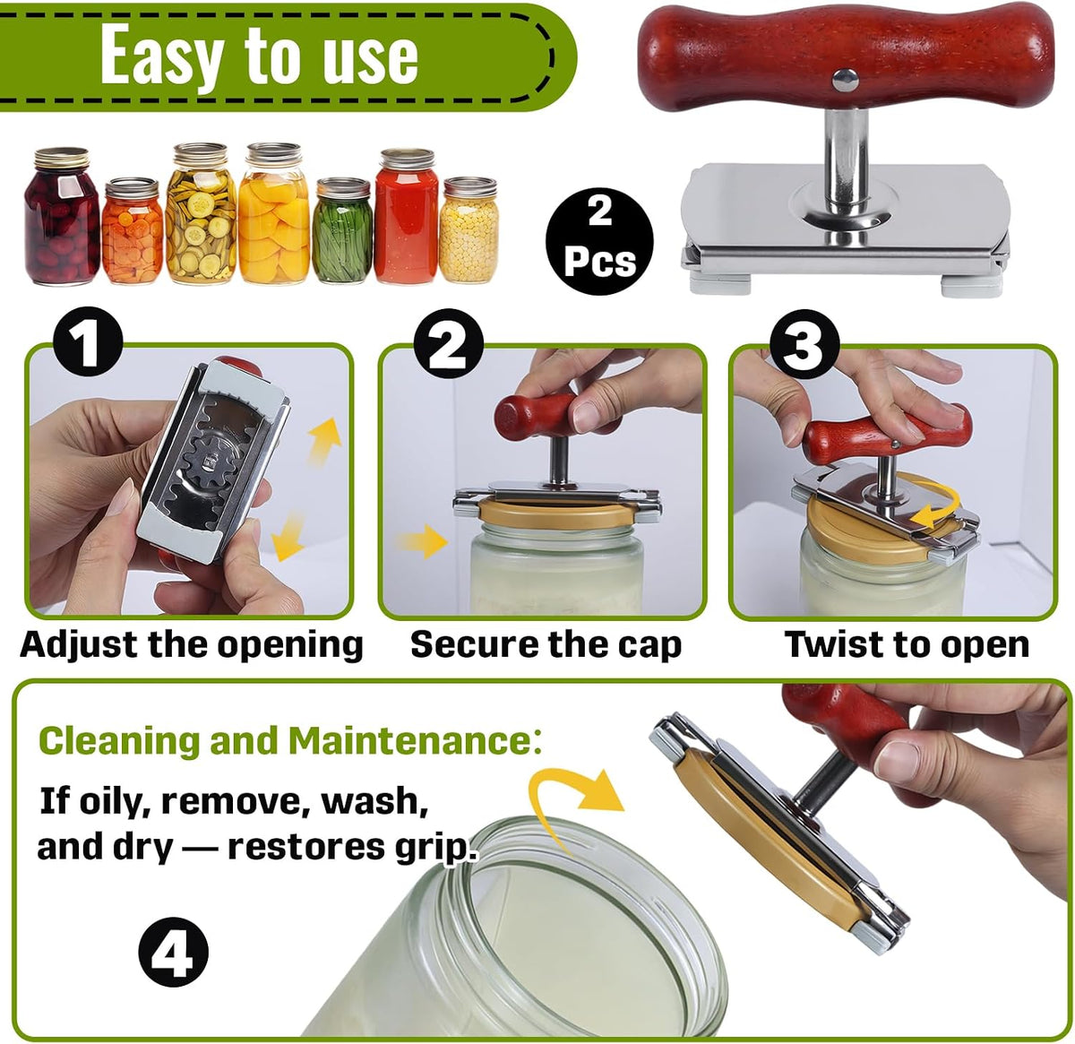 2-Pack Adjustable Jar Opener, Stainless Steel Lid Remover, Wood Handle