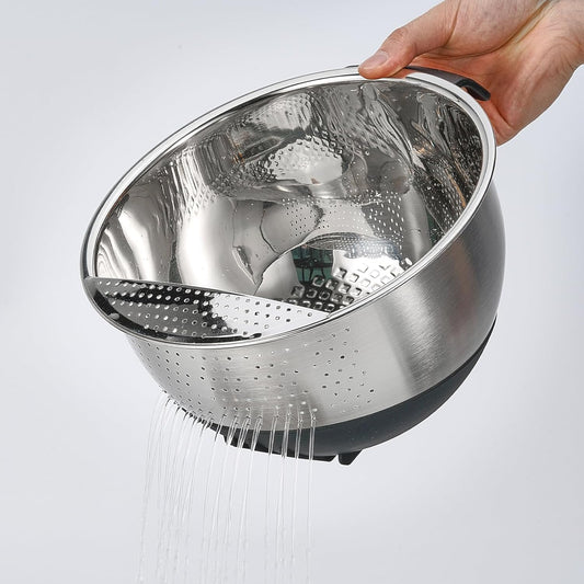 Rice Washing Bowl with Strainer Stainless Steel Quinoa Washer Bowl | Side Drainers Colander for Cleaning Fruits, Vegetables, and Beans - Versatile Kitchen Tool