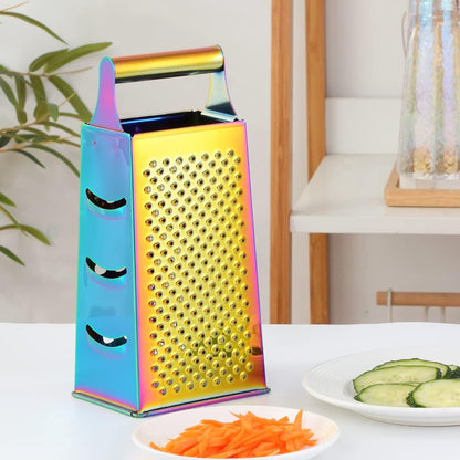 Large Stainless Steel 4 Sides Grater Slicer with Handle, Multifunctional Cutter Planing for Ginger, Garlic, Cucumbers, Carrots, Cheese, Potato, Ergonomic Design Kitchen Gadgets Accessories Gold