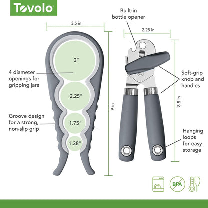 Can and Jar Opener Set Manual Handheld Kitchen Tool with Comfort Grip Handles, Easy to Use Stainless Steel Jar and Smooth Edge Can Opener with Built In Bottle Cap Lifter, Charcoal Gray