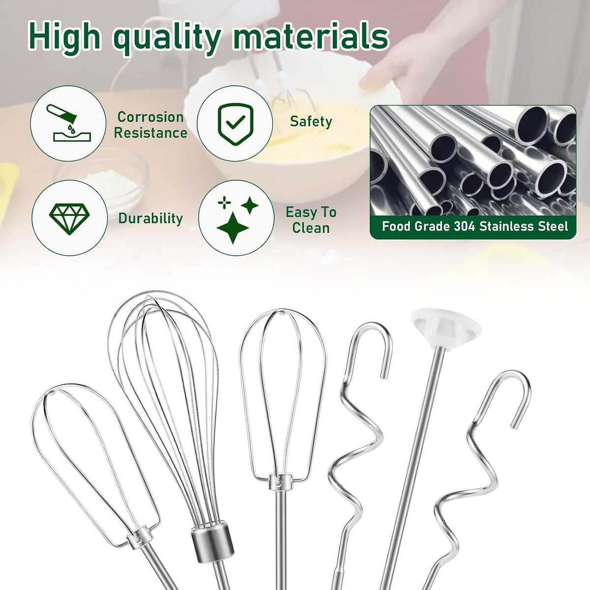 Hand Mixer Attachments Beater, Dough Hooks and Whisk, Blending Rod, Stainless Steel Hand Mixer Accessories Compatible with Kitchenaid Hand Mixers KHM3 KHM5 KHM7 KHM9, 6-piece set