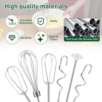Hand Mixer Attachments Beater, Dough Hooks and Whisk, Blending Rod, Stainless Steel Hand Mixer Accessories Compatible with Kitchenaid Hand Mixers KHM3 KHM5 KHM7 KHM9, 6-piece set