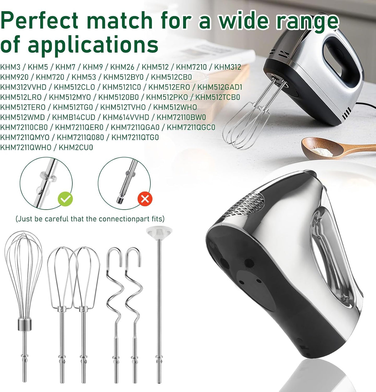 Hand Mixer Attachments Beater, Dough Hooks and Whisk, Blending Rod, Stainless Steel Hand Mixer Accessories Compatible with Kitchenaid Hand Mixers KHM3 KHM5 KHM7 KHM9, 6-piece set
