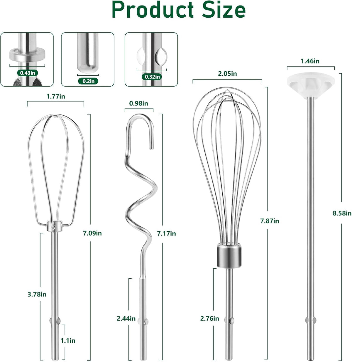 Hand Mixer Attachments Beater, Dough Hooks and Whisk, Blending Rod, Stainless Steel Hand Mixer Accessories Compatible with Kitchenaid Hand Mixers KHM3 KHM5 KHM7 KHM9, 6-piece set