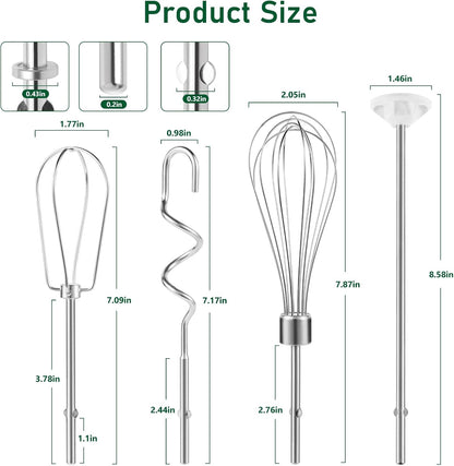 Hand Mixer Attachments Beater, Dough Hooks and Whisk, Blending Rod, Stainless Steel Hand Mixer Accessories Compatible with Kitchenaid Hand Mixers KHM3 KHM5 KHM7 KHM9, 6-piece set
