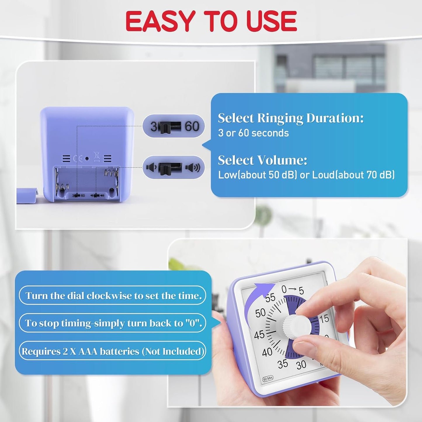 60-Minute Visual Timer, Classroom Timer, Countdown Timer for Kids and Adults, Time Management Tool for Teaching (Blue & Blue)