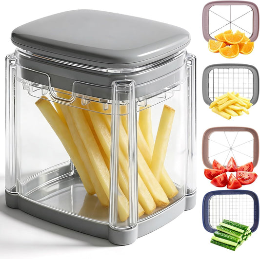 4-In-1 French Fry Cutter for Potatoes, Apple Slicer, Chopper Vegetable Cutter - Dicer Chopper for Carrots, Cucumbers, Onion, Tomato (Gray 4-in-1 French Fry Cutter)