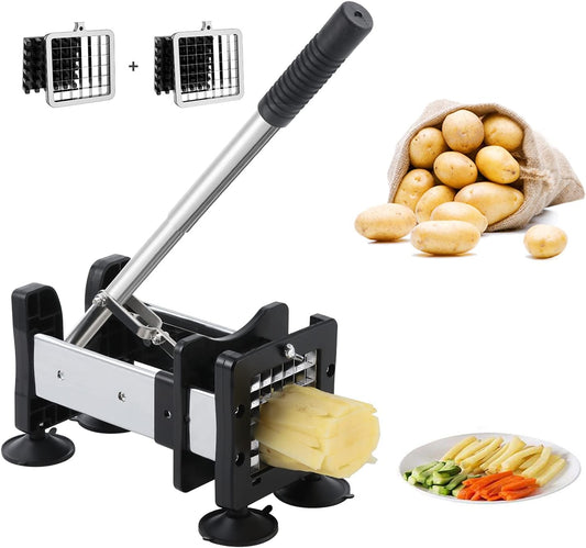 French Fry Cutter Potato Cutter Stainless Steel with 2 Size Durable Blades for Vegetables, Potato, Onions, Carrots, Cucumbers, Fruits, Apples