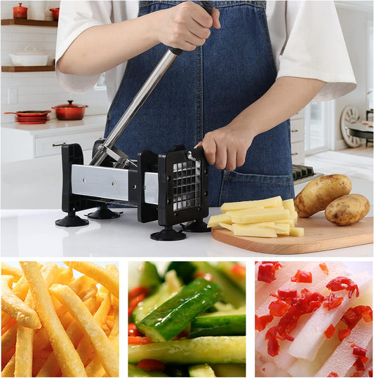 French Fry Cutter Potato Cutter Stainless Steel with 2 Size Durable Blades for Vegetables, Potato, Onions, Carrots, Cucumbers, Fruits, Apples