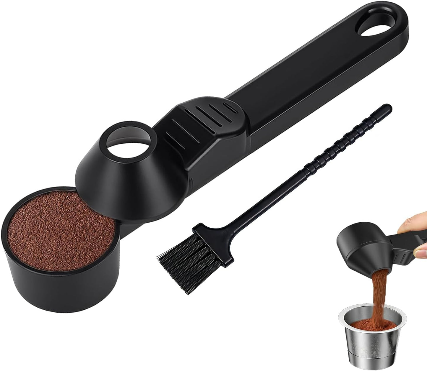 Coffee Scoop with Funnel for Reusable K Cup Refillable Coffee Pods, Mess-Free Spoon for Ground Coffee,Protein Powder Transfer Scoop,Funnel Design without Spilling (Black)