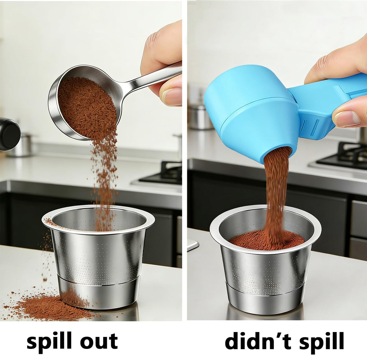 Coffee Scoop with Funnel for Reusable K Cup Refillable Coffee Pods, Mess-Free Spoon for Ground Coffee,Protein Powder Transfer Scoop,Funnel Design without Spilling (Black)