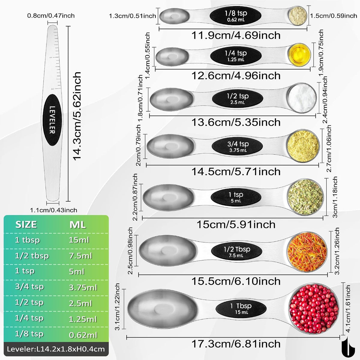 8 Pcs Upgraded Magnetic Measuring Spoons Set Stainless Steel Dual Sided for Liquid Dry Food Measuring Cups Spoons Set Fits in Spice Jar Kitchen Gadgets Including Leveler, Silver