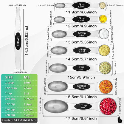 8 Pcs Upgraded Magnetic Measuring Spoons Set Stainless Steel Dual Sided for Liquid Dry Food Measuring Cups Spoons Set Fits in Spice Jar Kitchen Gadgets Including Leveler, Silver