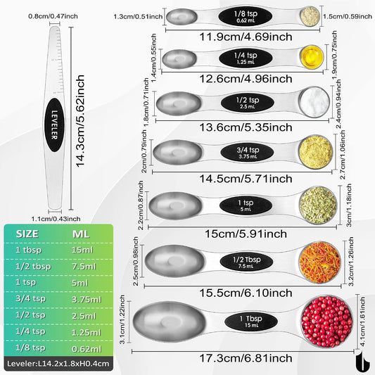 8 Pcs Upgraded Magnetic Measuring Spoons Set Stainless Steel Dual Sided for Liquid Dry Food Measuring Cups Spoons Set Fits in Spice Jar Kitchen Gadgets Including Leveler, Silver