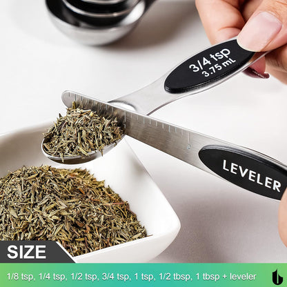 8 Pcs Upgraded Magnetic Measuring Spoons Set Stainless Steel Dual Sided for Liquid Dry Food Measuring Cups Spoons Set Fits in Spice Jar Kitchen Gadgets Including Leveler, Silver