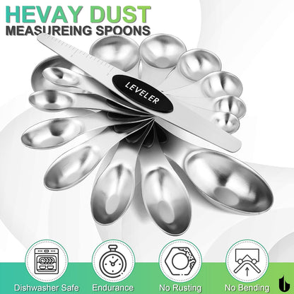 8 Pcs Upgraded Magnetic Measuring Spoons Set Stainless Steel Dual Sided for Liquid Dry Food Measuring Cups Spoons Set Fits in Spice Jar Kitchen Gadgets Including Leveler, Silver