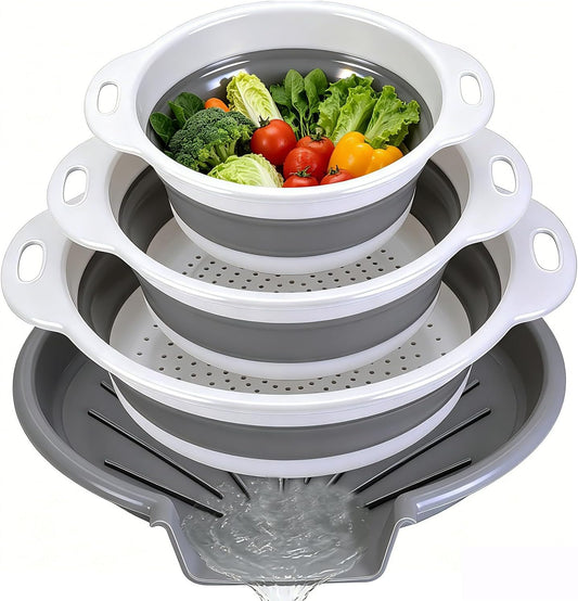 Collapsible Colanders Food Strainers, 3-Pack Foldable Kitchen Strainers with Over-Sink Water Draining Tray, Space Saving Kitchen Drainer for Vegetables, Fruit, Pasta and Rice (White-Gray)