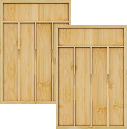 Bamboo Utensil Organizer for Kitchen Drawers, Utensil Tray and Cutlery Silverware Holder,Wood Drawer Dividers with 5 Slots，2 pack