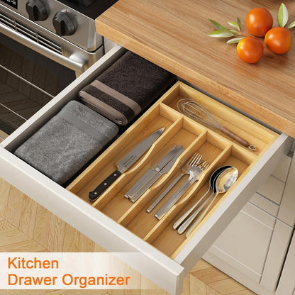 Bamboo Utensil Organizer for Kitchen Drawers, Utensil Tray and Cutlery Silverware Holder,Wood Drawer Dividers with 5 Slots，2 pack
