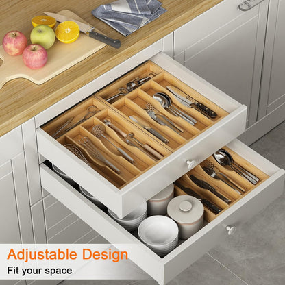 Bamboo Utensil Organizer for Kitchen Drawers, Utensil Tray and Cutlery Silverware Holder,Wood Drawer Dividers with 5 Slots，2 pack