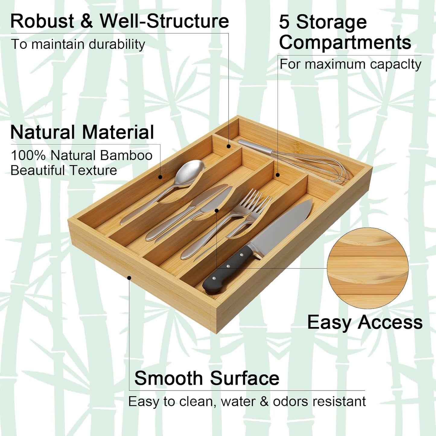 Bamboo Utensil Organizer for Kitchen Drawers, Utensil Tray and Cutlery Silverware Holder,Wood Drawer Dividers with 5 Slots，2 pack