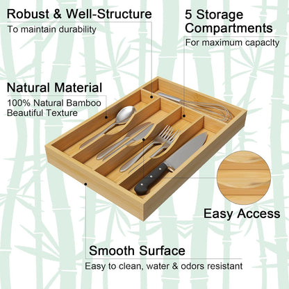 Bamboo Utensil Organizer for Kitchen Drawers, Utensil Tray and Cutlery Silverware Holder,Wood Drawer Dividers with 5 Slots，2 pack