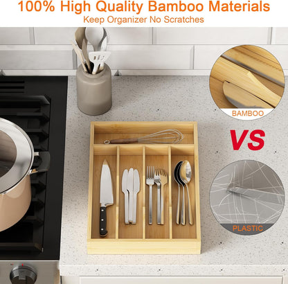 Bamboo Utensil Organizer for Kitchen Drawers, Utensil Tray and Cutlery Silverware Holder,Wood Drawer Dividers with 5 Slots，2 pack