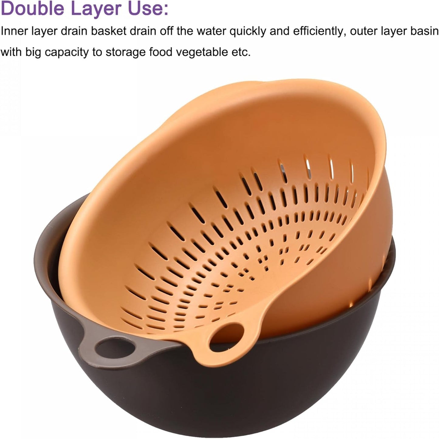 Kitchen Strainer Colander Bowl Set, Medium Double Layer Drain Basin and Basket Suitable for Fruits, Vegetables, Pasta, Cleaning Washing - Purple