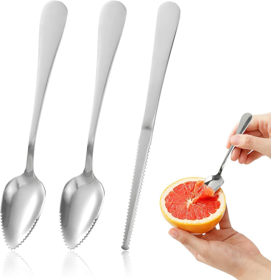 Grapefruit Spoon & Knife Set,Stainless Steel Grapefruit Spoon Utensil With Serrated Edge,Silver Kitchen Tool,Multi-Use for Citrus, Kiwi,Dessert, Avocado & More (3 PCS)