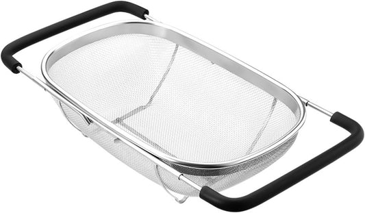 Fine Mesh Colander Over The Sink 6 Quart Stainless Steel Strainer Basket | Expandable Rubber Grip Handles - Strain, Drain, Rinse Fruits, Vegetables